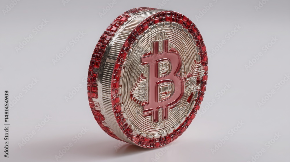 Poster conceptual representation of a digital currency token with intricate design and symbolic significanc
