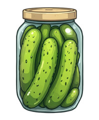 Green pickled cucumbers packed tightly in a whimsical cartoon vector jar illustration, ideal for recipes, food blogs, summer themes, canning guides. Isolated on transparent background.