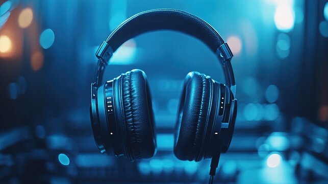 A stylish headphone commercial featuring a sleek modern music interface, advertising vibe