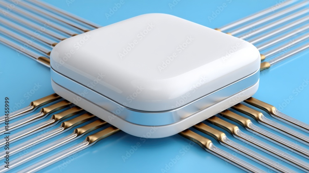 Poster white square button with gold pins on a blue background representing advanced ai logic node function