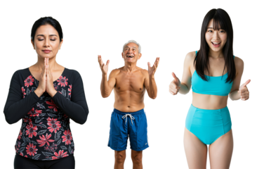 Diverse group of three people: a serene older woman meditating, a joyful elderly man in swim trunks, and a happy young woman in a bikini giving thumbs up, isolated on black.