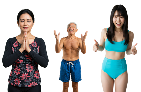 Diverse group of three people: a serene older woman meditating, a joyful elderly man in swim trunks, and a happy young woman in a bikini giving thumbs up, isolated on black. - Powered by Adobe