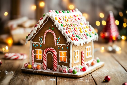 A festive gingerbread house decorated with colorful icing, candy canes, and gumdrops, placed on a wooden table with holiday lights, created by ai