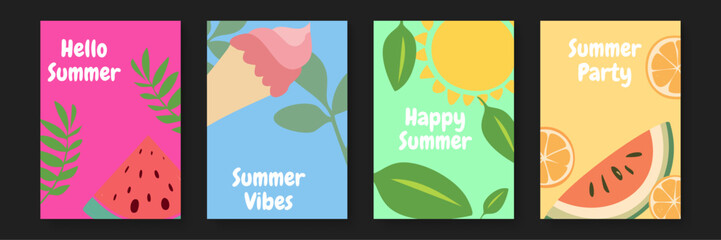 Summer themed cards with watermelon, oranges, and an ice cream cone. Perfect for summer greetings, invitations, social media posts, and stationery.
