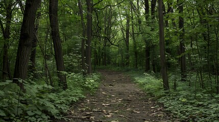 Scenic Forest Path Surrounded By Lush Green Foliage And Towering Trees Under Sunlight