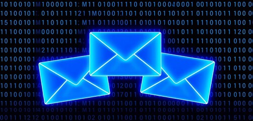 Three glowing blue digital envelopes on black background with binary code,  email design, inbox