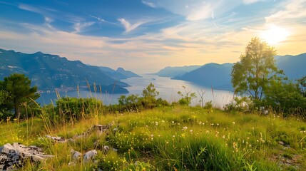Scenic Hillside View Overlooking Coastal Waters Under Bright Sky During Summer