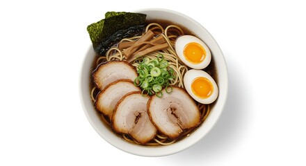 Delicious and Authentic Ramen Bowl Close Up Shot on a White Background