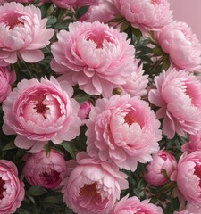Dense cluster of pink peonies, soft blush background, flowers, bloom