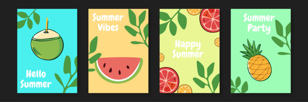 Four summer themed cards featuring fruit designs, ideal for tropical party invitations, greeting cards, summer event promotions, and food related projects.