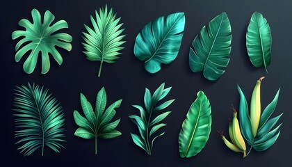 Fototapeta premium Tropical foliage collection displayed on a dark background.