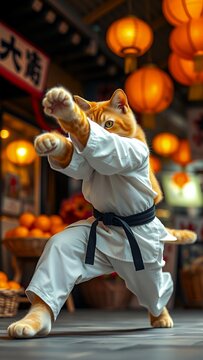 Charming and humorous cat in martial arts gi with black belt posing in a traditional Japanese fish market, perfect for unique advertising, pet-themed content, or funny social media visuals.