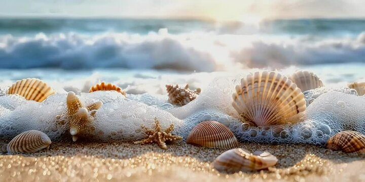 Seashells on sandy beach by sea