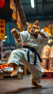 Charming and humorous cat in martial arts gi with black belt posing in a traditional Japanese fish market, perfect for unique advertising, pet-themed content, or funny social media visuals.