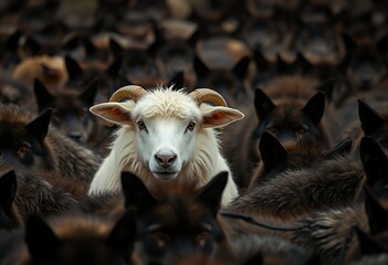 Powerful concept image: A single white sheep stands out boldly in a dense pack of dark wolves, perfect for illustrating themes of individuality, risk, vulnerability, non-conformity, or being different