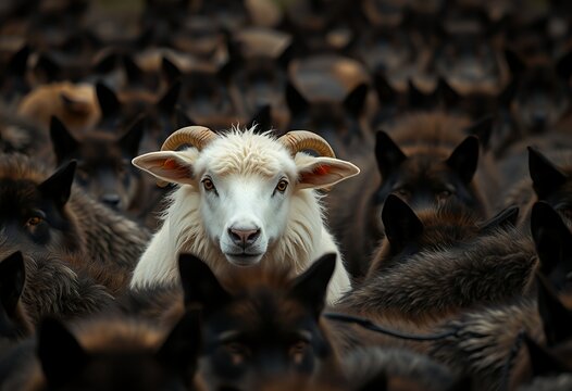 Powerful concept image: A single white sheep stands out boldly in a dense pack of dark wolves, perfect for illustrating themes of individuality, risk, vulnerability, non-conformity, or being different