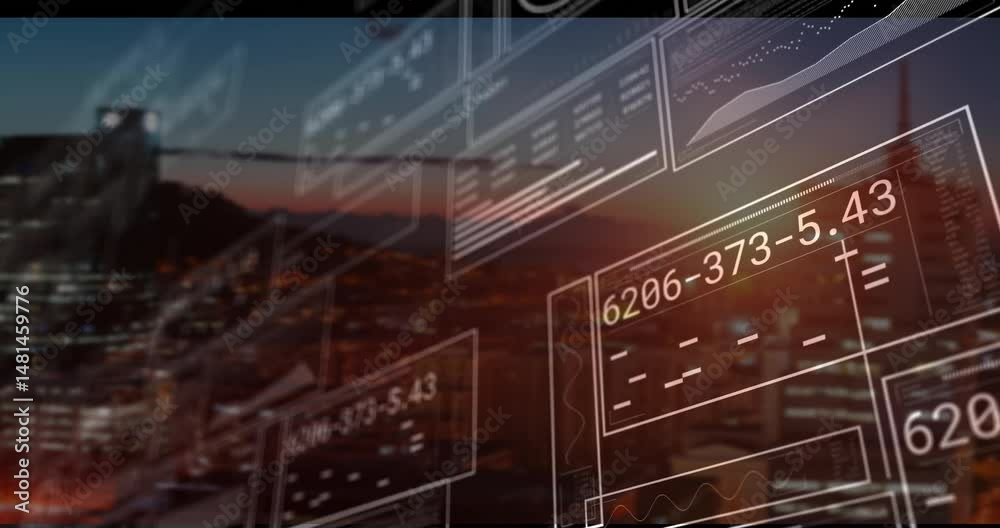 Poster floating flat-design digital panels displaying charts and numeric data over blurred skyline at dusk