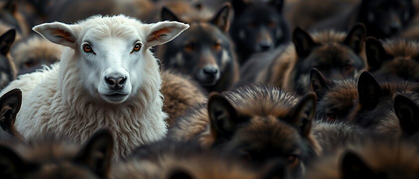 Powerful concept image: A single white sheep stands out boldly in a dense pack of dark wolves, perfect for illustrating themes of individuality, risk, vulnerability, non-conformity, or being different
