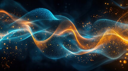 Abstract blue and gold glowing waves with bokeh on a dark background. It is perfect for technology, science, or futuristic designs and presentations.