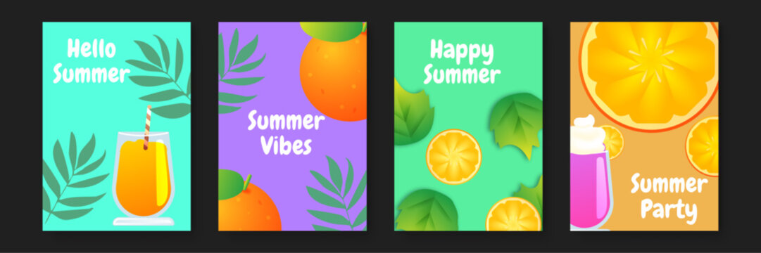 Four summer themed cards featuring orange slice drinks and green leaves. Perfect for summer party invitations or tropical themed events.