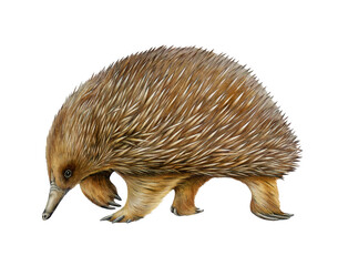 Echidna Australian native wild oviparous animal on white background. Cute hand drawn echidna side view vintage style watercolor illustration. Tachyglossidae Australia endemic mammal with spikes