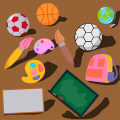 Flat Vector School Subjects Icon Set Including Sports, Art, Geography, and Technology Elements for Back to School Design