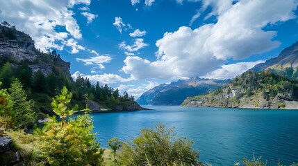 Fototapeta premium Scenic Mountain Lake Landscape Under A Vibrant Blue Sky And White Clouds