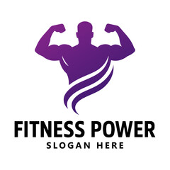 Fitness Power Logo with Muscular Silhouette and Dynamic Swirls