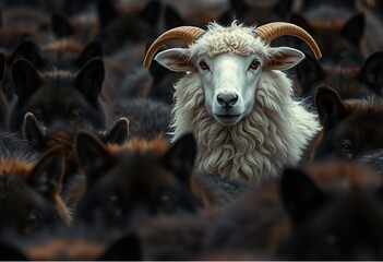 Obraz premium Powerful concept image: A single white sheep stands out boldly in a dense pack of dark wolves, perfect for illustrating themes of individuality, risk, vulnerability, non-conformity, or being different