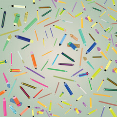 Seamless Pattern of Colorful School Supplies Including Pens, Pencils, and Rulers in Hand-Drawn Style for Education Backgrounds