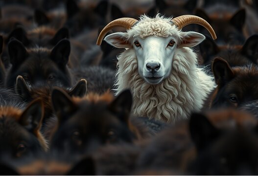 Powerful concept image: A single white sheep stands out boldly in a dense pack of dark wolves, perfect for illustrating themes of individuality, risk, vulnerability, non-conformity, or being different