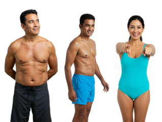 Transformation Journey of a Hispanic Male and Female Fitness Enthusiasts Displaying Different Body Types in a transparent background Studio Setting