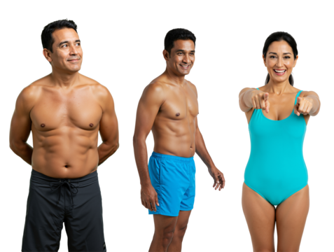 Transformation Journey of a Hispanic Male and Female Fitness Enthusiasts Displaying Different Body Types in a transparent background Studio Setting