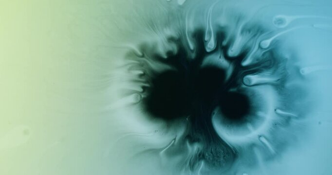 Paper liquid splash. Wet blob. Black splotch drop paint on turquoise flow. Art color blending green stream abstract dissolve blur background.