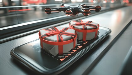 Naklejka premium Modern delivery drone carrying gifts on a conveyor belt.