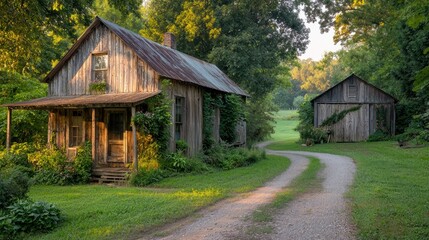 Fototapeta premium An old wooden house sits next to a gravel road