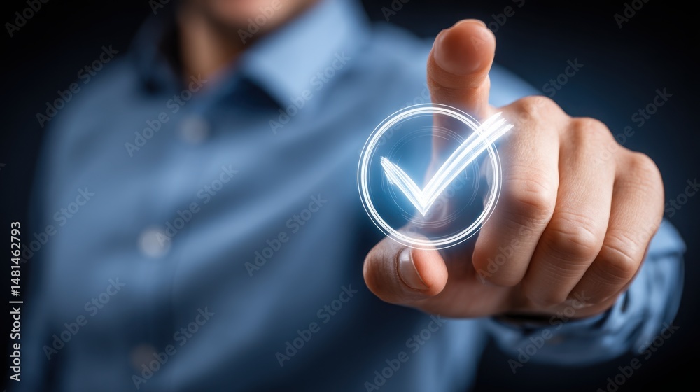 Poster confident man pointing at a tick symbol in a minimalist style representing clean logic validation co