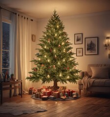 Brightly lit Christmas tree in cozy living space , festive, decorations