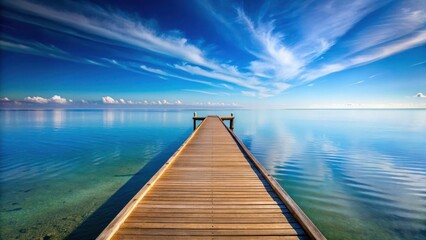 Obraz premium A serene wooden pier stretches out into a vast expanse of ocean, with a brilliant blue sky above