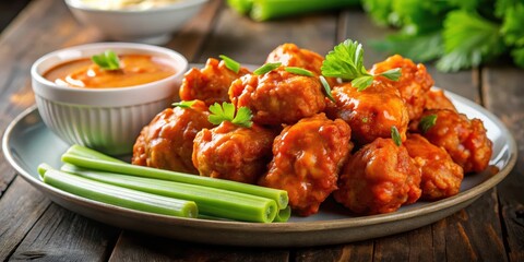 Crispy boneless chicken wings smothered in a tangy and spicy buffalo BBQ sauce, with a side of celery sticks for dipping into the savory sauce , savory, food