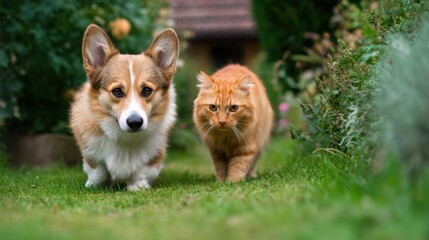 A corgi and an orange cat walk together on a green garden path, surrounded by lush plants and flowers.