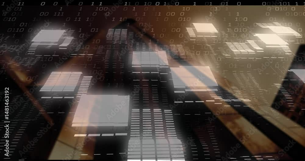 Poster animated 3d grid showcasing floating lit panels streaming binary code with diagonal light streaks