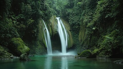 Fototapeta premium Verdant waterfall flows into a tranquil turquoise pool of water