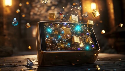 Golden treasure box overflowing with jewels.