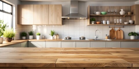 Fototapeta premium Wooden table top with blurred kitchen room background featuring modern furniture and neutral color palette, modern, design