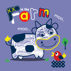Cartoon cow in scribble style standing next to cheerful bird on a farm with playful text and childlike drawing elements. Farm animal and early learning concept

