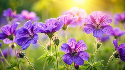 Fototapeta premium Vibrant purple geranium flowers bloom in a sunny meadow, their delicate petals swaying gently in the breeze , garden blooms, spring blossoms