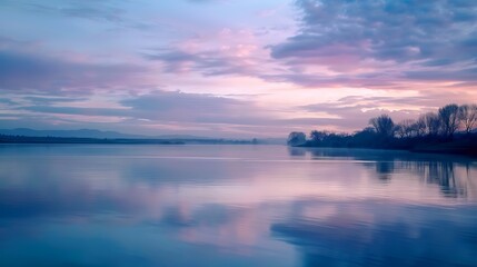 Serene Sunset Reflection Over Calm Waters Displaying Pink Purple and Blue Hues