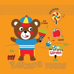 Cartoon bear holding ice cream while pointing to favorite foods like apple and lollipop in bright playful children’s illustration. Food and learning concept
