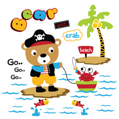 Cartoon bear dressed as pirate holding a rope with crab on boat near island with palm trees in playful kids beach scene. Ocean adventure and friendship concept
